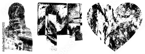 Stylized halftone renderings of human bust, fragmented bookshelf, and textured heart shape, vector art, graphic design elements, isolated foreground.