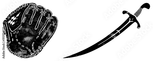 Black and white halftone baseball mitt with lacing and checkered patch, paired with a curved saber sword with textured grip and worn blade, both rendered as isolated vector symbols.