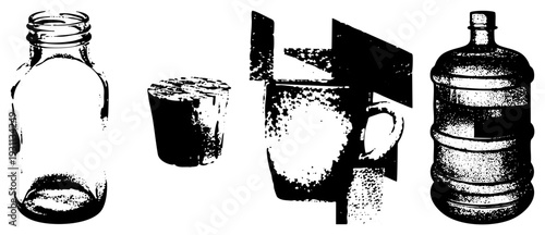 Vector illustration of glass jar, tumbler, mug with handle, and water bottle, all rendered in halftone dot, isolated on transparent background, suitable for graphic design or print.