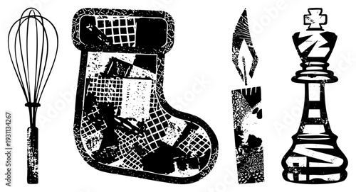 Festive including whisk, Christmas, candle, chess king rendered in distressed black and white vector art, holiday decor, rustic graphic design.