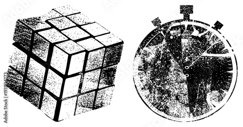 Isolated puzzle cube and analog stopwatch rendered in dot matrix halftone style, retro tech, vector graphics, minimalist design.