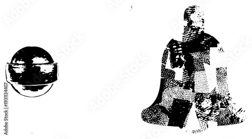 Stylized human figure in halftone, geometric sphere with reflective highlight, vector art, graphic design element, composition.