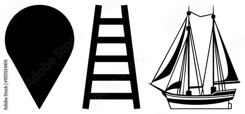 Three minimalist black vector map pin, ladder, sailboat. Flat design symbols for navigation, ascent, and maritime themes. Isolated vector elements for UI or graphic design.