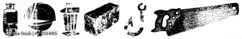 Black and white halftone render of propane tank, lamp, brick, hook, and handsaw, isolated vector, technical equipment, construction tools, utility items.