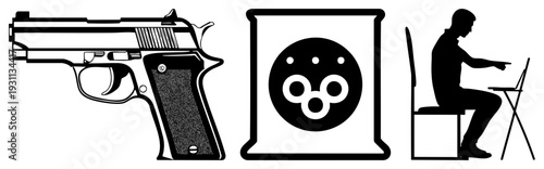 Gun aiming at target, shooter silhouette, pistol aiming, marksmanship training, firearm practice, shooting range, tactical posture.