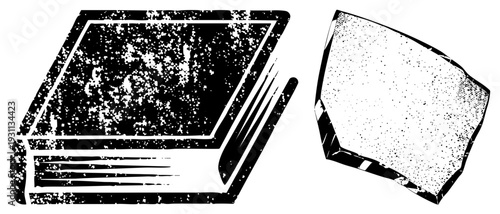 Weathered book with textured cover and stone block with halftone grain, vintage graphic design, distressed typography elements, vector art.