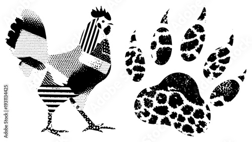 Stylized rooster with halftone, paired with textured paw print, graphic art,, vector illustration, rustic design, wildlife motif.
