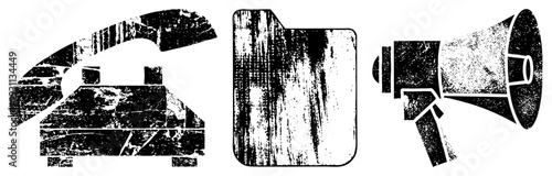 Retro communication rotary phone, paper folder, loudspeaker rendered in gritty halftone texture, isolated vector graphics for design projects.