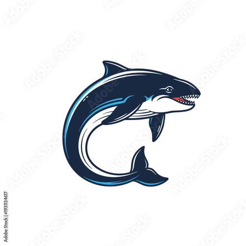 Stylized dark blue killer whale or orca jumping illustration