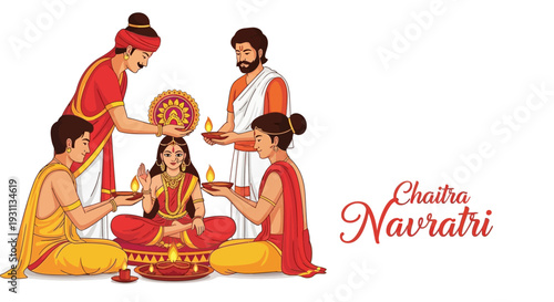 Illustration of people celebrating Chaitra Navratri with traditional Hindu rituals and worship of Goddess Durga in a spiritual and cultural setting.