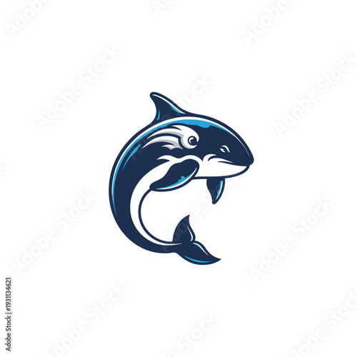 Stylized dark blue orca mascot swimming gracefully on a white background