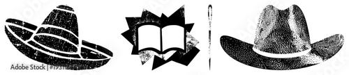 Black and white halftone vector sombrero, open book with starburst, sewing, cowboy hat classic Americana and cultural symbols, stylized graphic design.