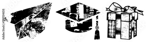 Stylized paper airplane, graduation cap with tassel, gift box with bow halftone illustrations. Academic, celebratory, milestone symbols.