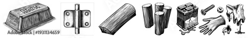 Vector illustration of industrial objects iron bar, door hinge, timber logs, corroded battery, protective glove, and acid spill. Technical engineering and safety gear.