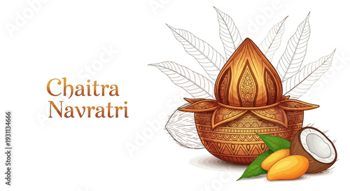 Illustration of a traditional Indian Chaitra Navratri design with a coconut, mango, and leaves on a 3D isometric composition.
