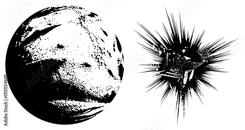 Black and white planet with textured surface, cosmic spaceship surrounded by radiating, vector graphic, space exploration theme, sci fi design, halftone effect.