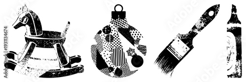 Retro rocking horse toy, ornament, paintbrush, marker distressed black vector, stylized art tools, grunge texture, creative supplies.