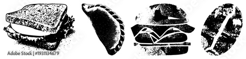Classic black and white halftone food sandwich with lettuce, empanada with crimped edge, burger with sesame bun, coffee bean with textured surface.