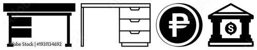 Desk and filing cabinet, currency symbol, bank building, minimalist office furniture, financial institution, business tools, flat design assets.