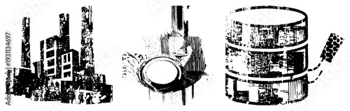 Factory smokestacks, mechanical gear, database cylinder, halftone vector art, industrial design, tech illustration, black and white graphic.