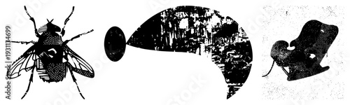 Stylized fly, beetle, and mosquito cutouts with halftone shading, vector art, isolated bugs, graphic design elements, black and white illustration.