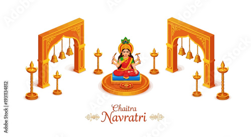A 3D isometric illustration of Goddess Durga sitting on a circular platform surrounded by lit diyas and archways, celebrating Chaitra Navratri with vibrant orange and red hues.