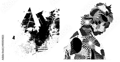 Artistic vector silhouette with fragmented shapes, halftone textures, and stylized forms, ideal for graphic design or digital art, abstract composition with bold contrasts.