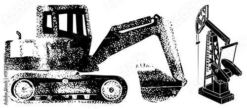 Heavy construction excavator with tracked wheels and articulated arm, oil pumpjack rig with reciprocating beam, halftone vector graphic, industrial equipment, machinery.