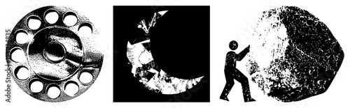 Classic rotary telephone receiver, analog dial design, vintage communication device, retro telecom equipment, black and white halftone illustration.