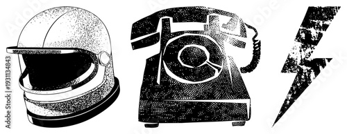 Retro rotary telephone, racing helmet, lightning bolt, halftone dot, vector art, isolated graphic elements, tech and speed motifs.