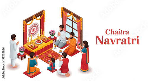 Isometric illustration of a Hindu family celebrating Chaitra Navratri with traditional rituals and worship in a temple setting.