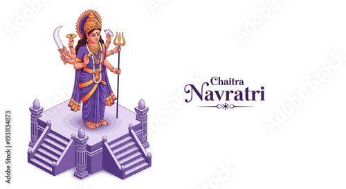 Isometric illustration of Goddess Durga standing on a temple platform with a purple and gold outfit for Chaitra Navratri festival against a white background.