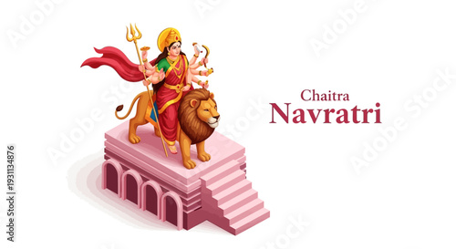 Isometric illustration of Goddess Durga riding a lion on a pink temple platform, celebrating Chaitra Navratri festival with vibrant colors and traditional Indian elements.