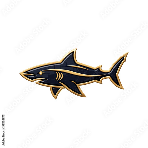 Stylized dark shark with golden outline showing its dorsal fin and tail