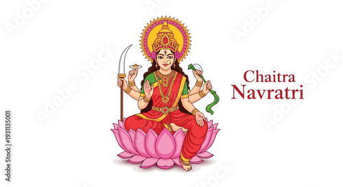 Illustration of Goddess Durga sitting on a pink lotus flower, surrounded by symbolic objects, representing Chaitra Navratri, a significant Hindu festival in India with spiritual and