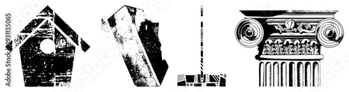 Stylized birdhouse with weathered texture, fragmented stone obelisk, ornate Ionic column, vector art, architectural elements, isolated.