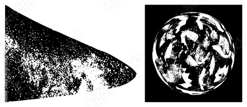 Halftone textured shark tooth and globe with abstract continents, vector art, design, graphic illustration, isolated elements.