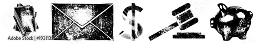 financial and legal symbols, documents pile, email, money sign, judge gavel, savings bank, business communication tools.