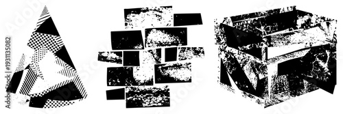 Fragmented polygonal forms with halftone textures, stippled gradients, and bold black and white vector art, ideal for graphic design or digital.