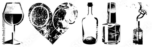 Vector halftone wine glass, heart shaped bottle, perfume bottle, smoking bottle stylized with dot matrix texture,, graphic design elements.