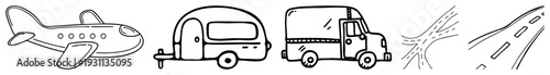 Hand drawn of airplane, camper trailer, delivery van, road junction, highway lanes minimalist transportation, travel symbols, route markers, vehicle silhouettes, road signs.