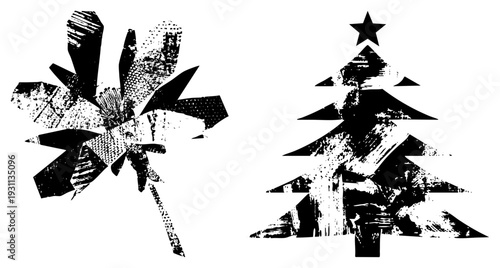 Distressed holiday, winter festive symbols, holiday season motifs, seasonal decorations, textured vector art, Xmas tree and snowflake, vintage graphic design.