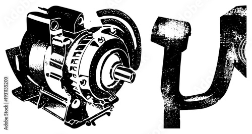 Vector illustration of electric motor with coupling, shaft, and housing, halftone texture, mechanical engineering component, industrial machinery part.