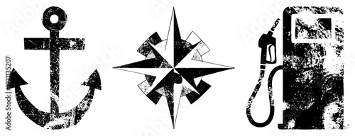 Vintage maritime symbols including anchor, compass rose, and gas pump, distressed black vector graphics, nautical navigation and fuel station.