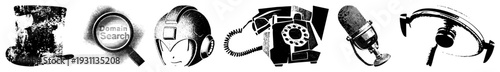 Retro tech symbols including top hat, magnifying glass, Mega Man helmet, rotary phone, vintage mic, and headset, rendered in halftone vector graphics for digital use.