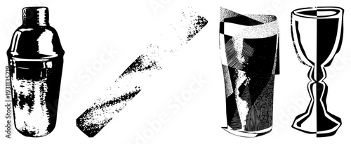 Vintage bar tools including cocktail shaker, powdered garnish, highball glass, and wine goblet rendered in halftone dot. Barware set for mixology and vintage aesthetics.