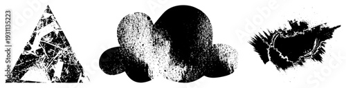 Vectorized distressed shapes with grit, splatter, and cracked, ideal for design or texture effects. Includes angular, rounded, and explosive forms.