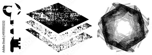 Stylized vector forms including fragmented glyphs, layered diamond shapes with grainy texture, and dense drawn polyhedron isolated graphic elements for digital design.