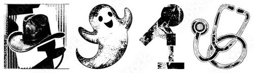 Western cowboy hat, spurs silhouette, rustic hat graphic, cowgirl hat style, black and white halftone vector art.