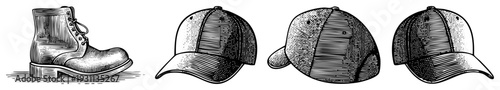 Hand drawn boot and cap vector set, rustic footwear and headwear, vintage fashion, engraved sketch style, graphic design elements.